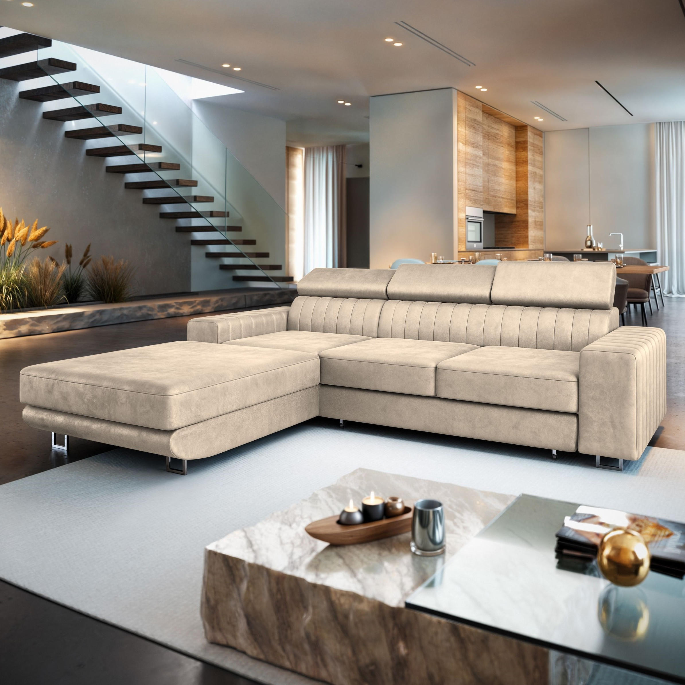 ECKSOFA NOTO L-S Creme Velours-Stoff mit Schlaffunktion - Creme, Holz (267/190cm) - MASSENO