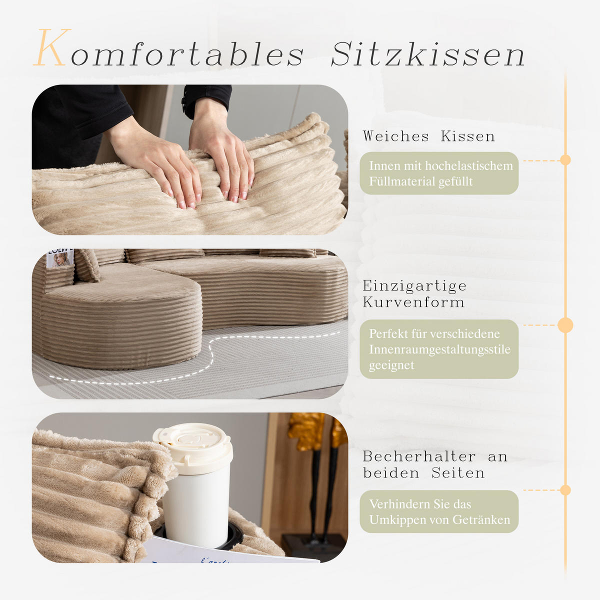 ECKSOFA Cord Khaki mit Becherhaltern, Seitentaschen und mit Kissen - Hellbraun, Textil (250/152cm) - WISHDOR