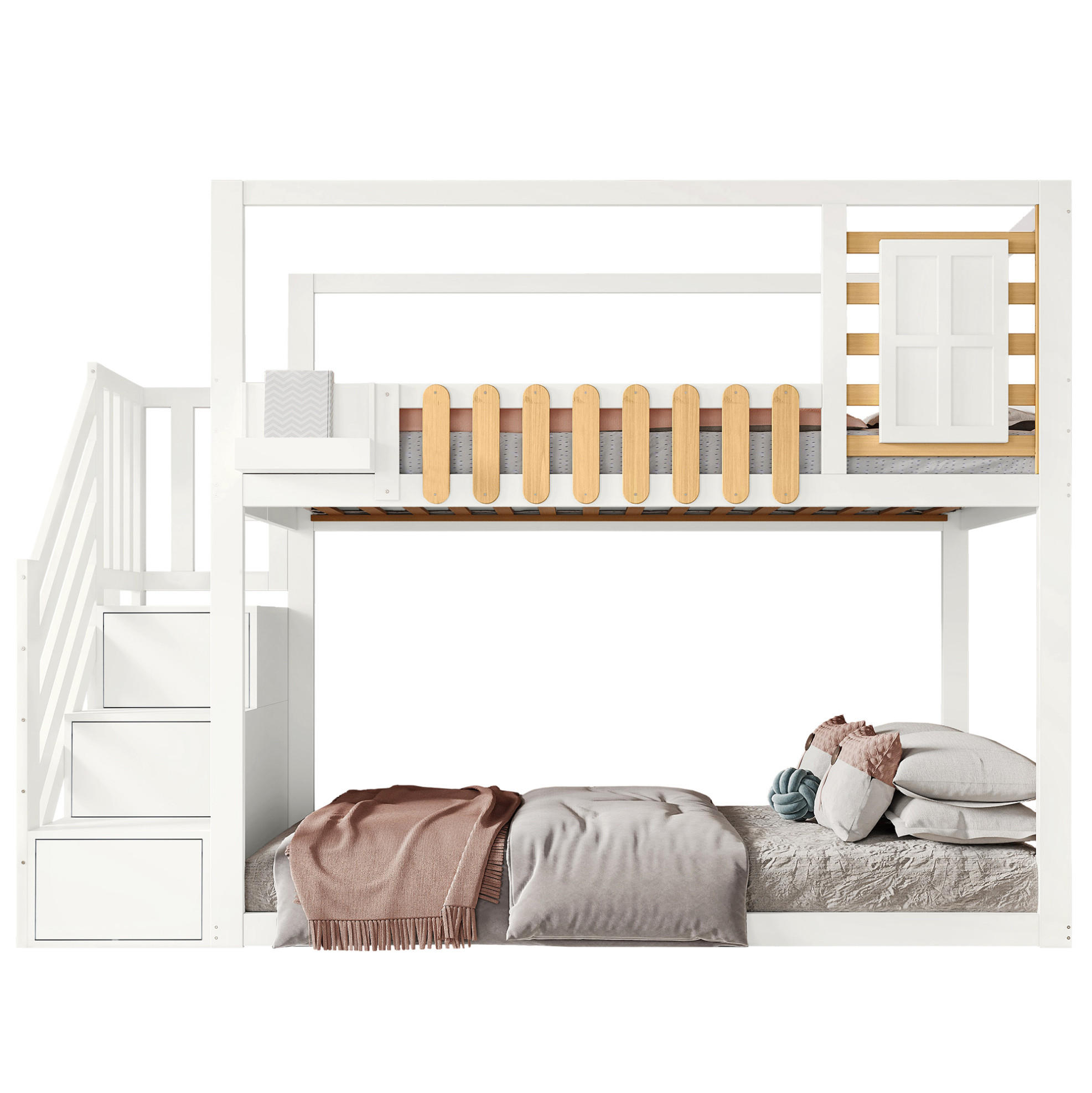 ETAGENBETT 90/200 cm in Weiß/Natur mit Treppe und Stauraum - Weiß, Holzwerkstoff (90/200cm) - BEAOK