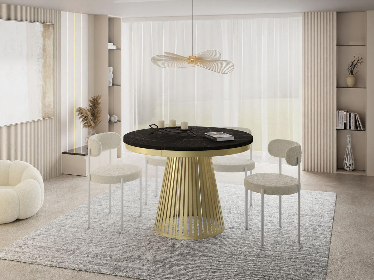 ESSTISCH Naro rund ausziehbar mit Goldem Lamellen-Metallgestell, Marmor Schwarz 120-200/120/76 cm - Anthrazit/Goldfarben, Holzwerkstoff/Metall (120/100/76cm) - WFL GROUP