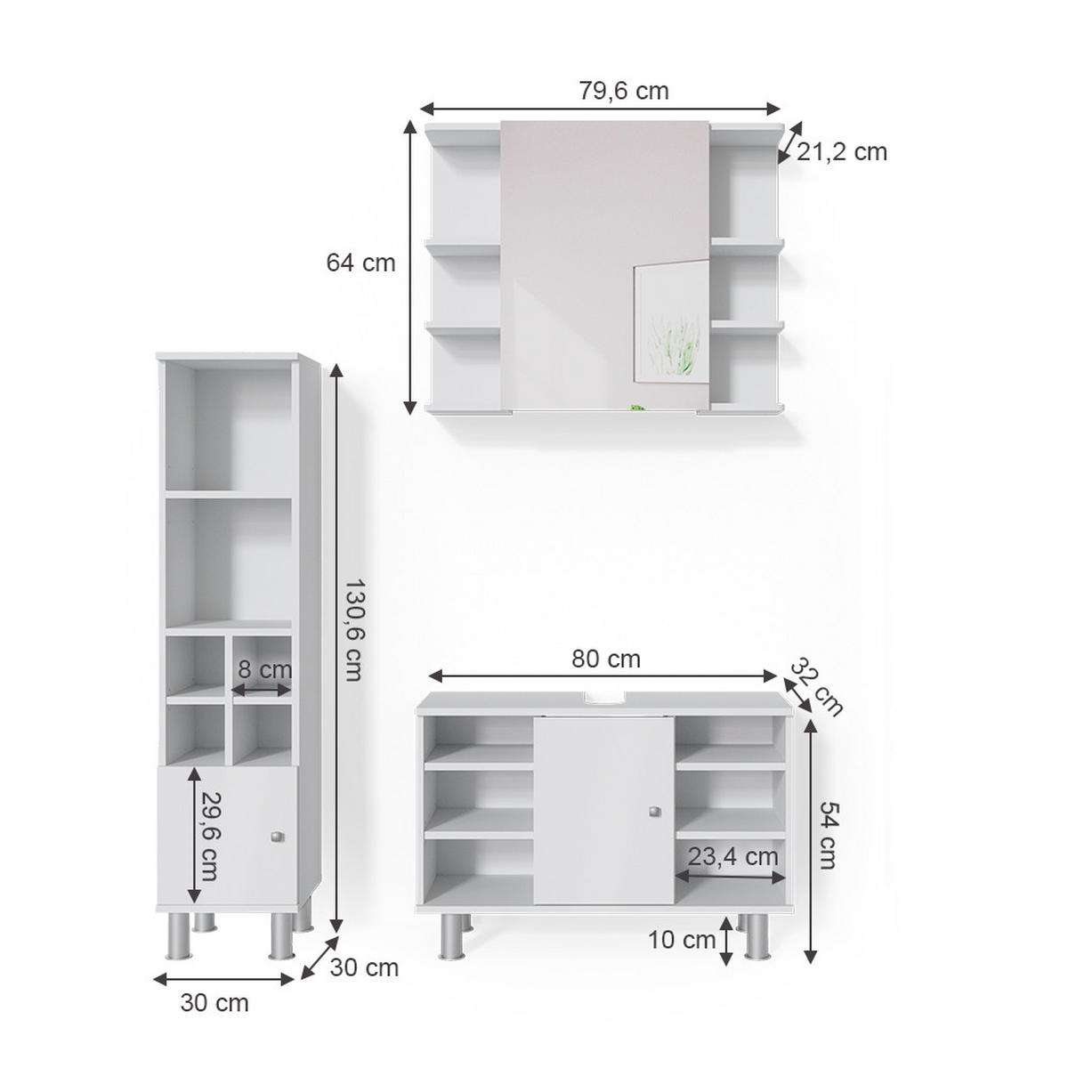 BADMÖBEL-SET Fynn Weiß 3 Teile, mit Midischrank Tür klein - Weiß, Holzwerkstoff (60/54/32cm) - Vicco