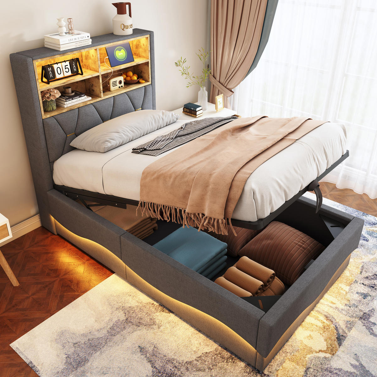 POLSTERBETT aus Leinen und Metall 90x200 cm in Grau mit LED, USB und Stauraum - Grau, Textil (90/200cm) - Modfu