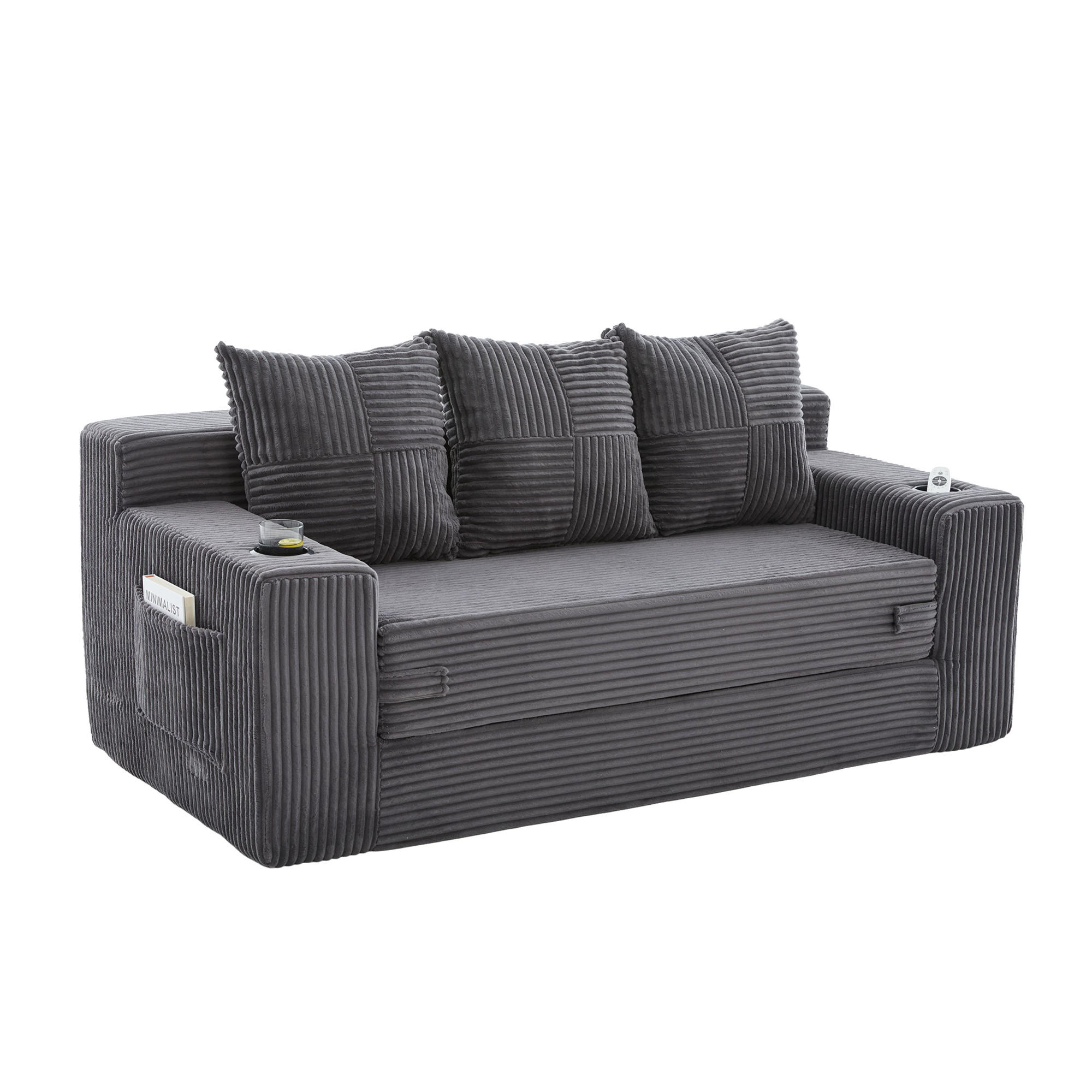 SCHLAFSOFA Modular mit Getränkehaltern und Seitentaschen, DE-42913, Grau - Grau, Textil (172/64/87cm) - ComfortXL