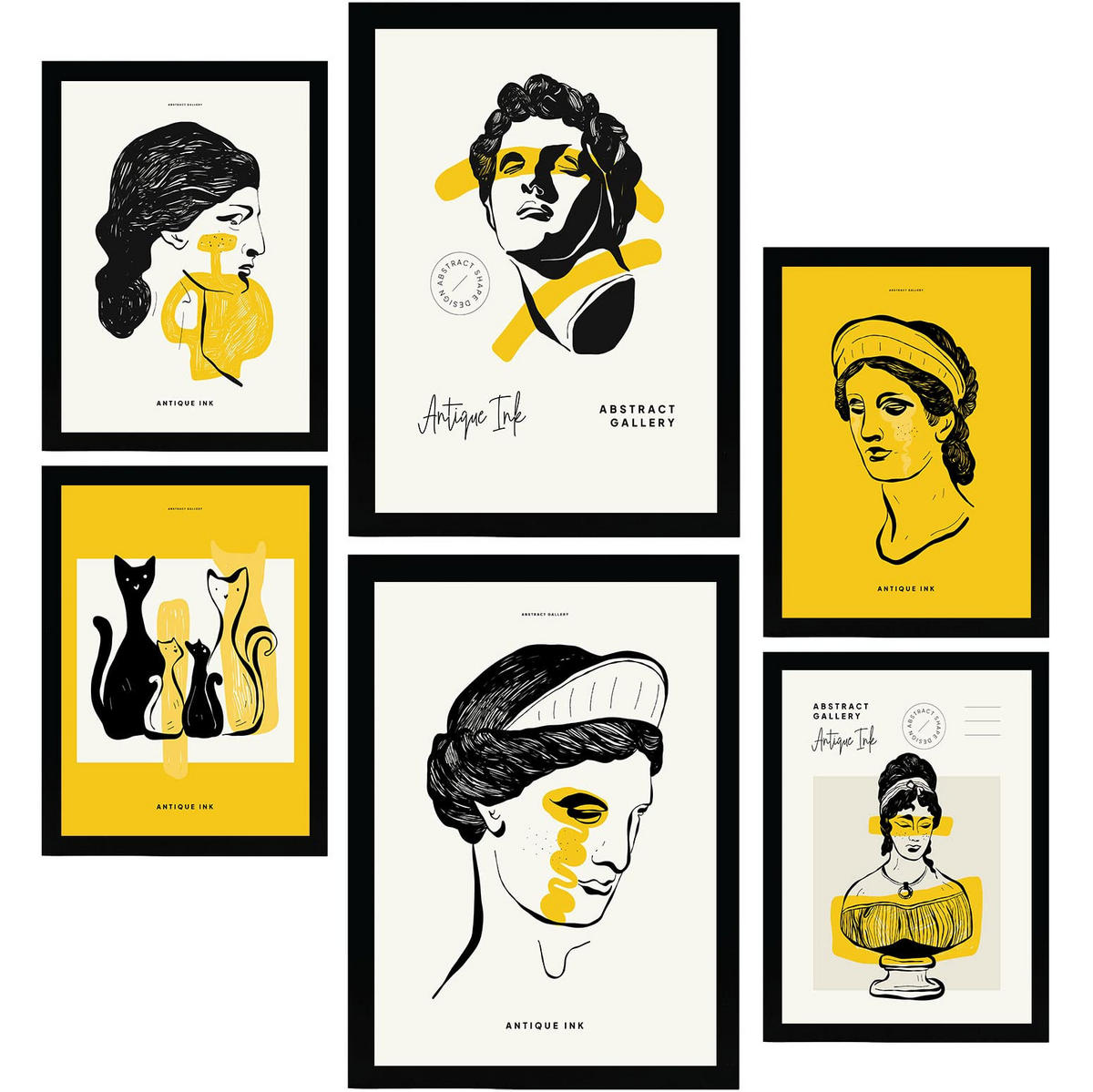 POSTER Set Mit 6 Schwarze Tintenbüsten Größe A3 & A4 Schwarzer Rahmen - Schwarz, Papier (29.7/1cm) - Nacnic
