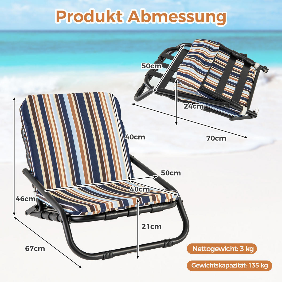 STRANDSTUHL Blau(2er-Set) - Blau, Metall (50/46/67cm) - COSTWAY