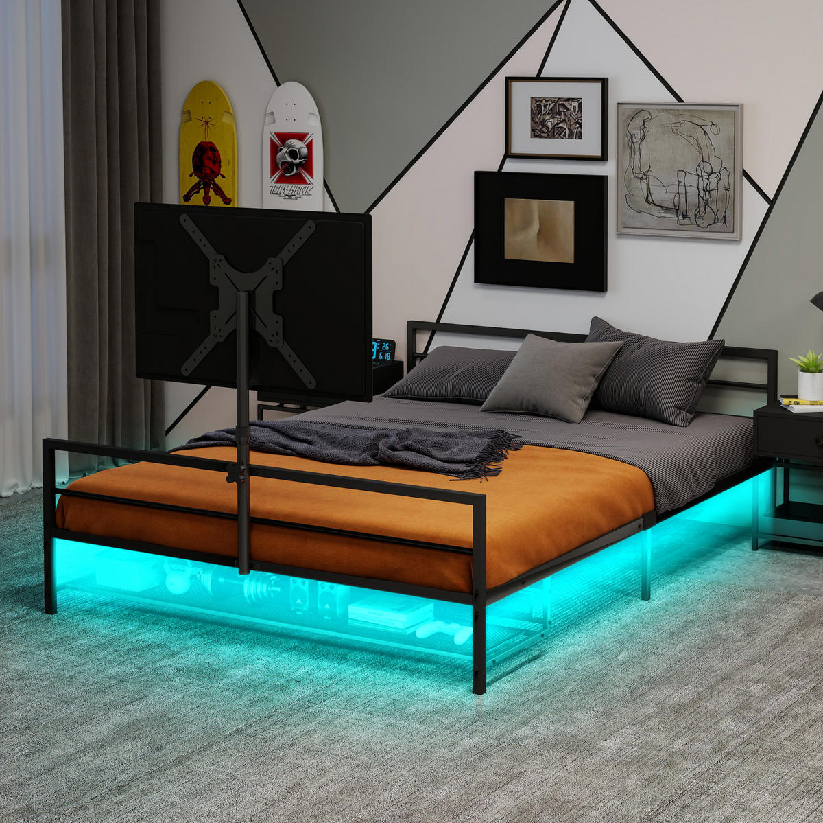 BETT Länge 206 cm aus Metall mit LED-Beleuchtung und Monitorhalterung - Schwarz, Metall (90/200cm) - Flora Grace
