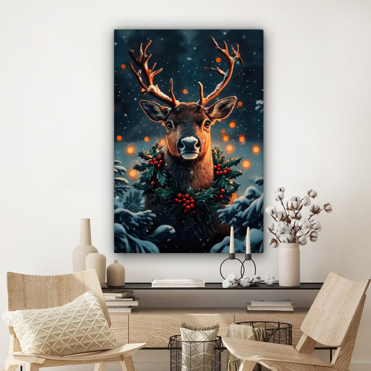 LEINWANDBILD Hirsch - Weihnachten - Winter - Schnee - Weihnachtskranz Deko Groß 90x140 cm - Dunkelbraun, Textil (90/140cm) - MuchoWow