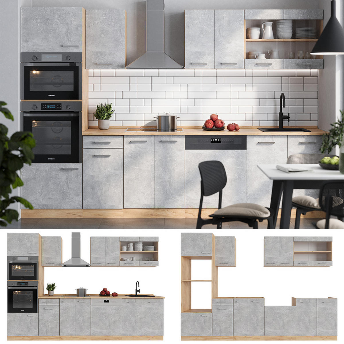 KÜCHENZEILE R-Line Beton/Goldkraft Eiche 300 cm mit Hochschrank, ohne Arbeitsplatte - Schieferfarben/Eiche Wotan, Holzwerkstoff (300/81.6/46cm) - Vicco