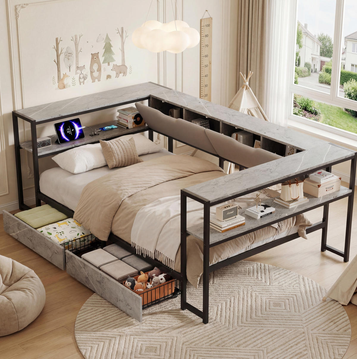 POLSTERBETT 90/200 cm mit USB- und Type-C-Anschluss, 2 Schubladen, 6 Staufächern und Lattenrost, Grau - Grau, Holzwerkstoff (90/200cm) - Redom