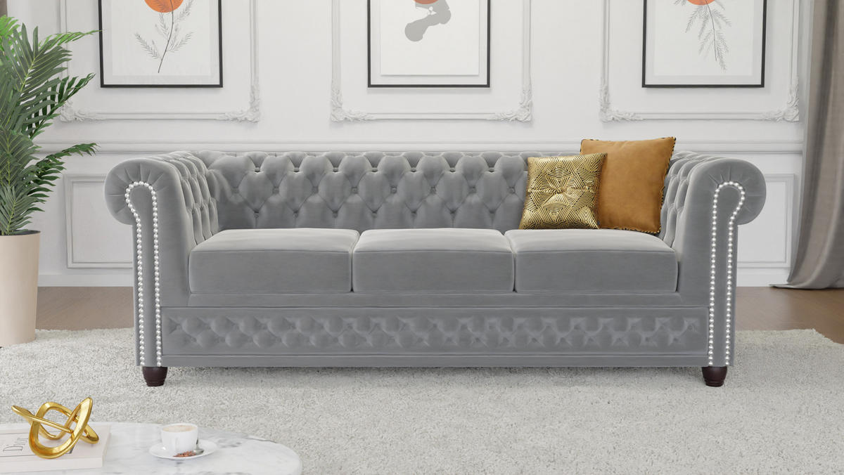 CHESTERFIELD-SOFA 3-sitzer Nyx Grau Samt - Braun/Grau, Holz/Textil (203/72/86cm) - S-Style Möbel