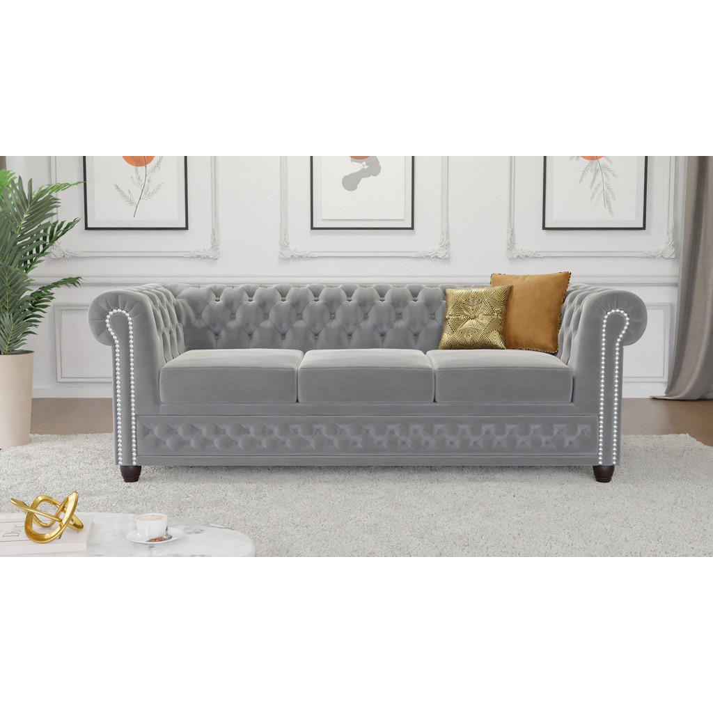 Thumbnail - S-Style Möbel Chesterfield-Sofa, Grau, Textil, Echtholz, Teilmassiv,Buche, Birke, 3-Sitzer, Füllung: Komfortschaum,Komfo...
