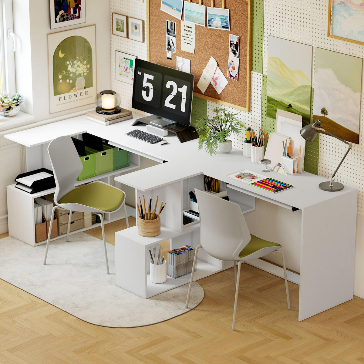 ECKSCHREIBTISCH Weiß in Holzoptik mit Tastaturauszug und Regalfächern 120/100/76 cm - Weiß, Holzwerkstoff (100/120/76cm) - PANGIVO