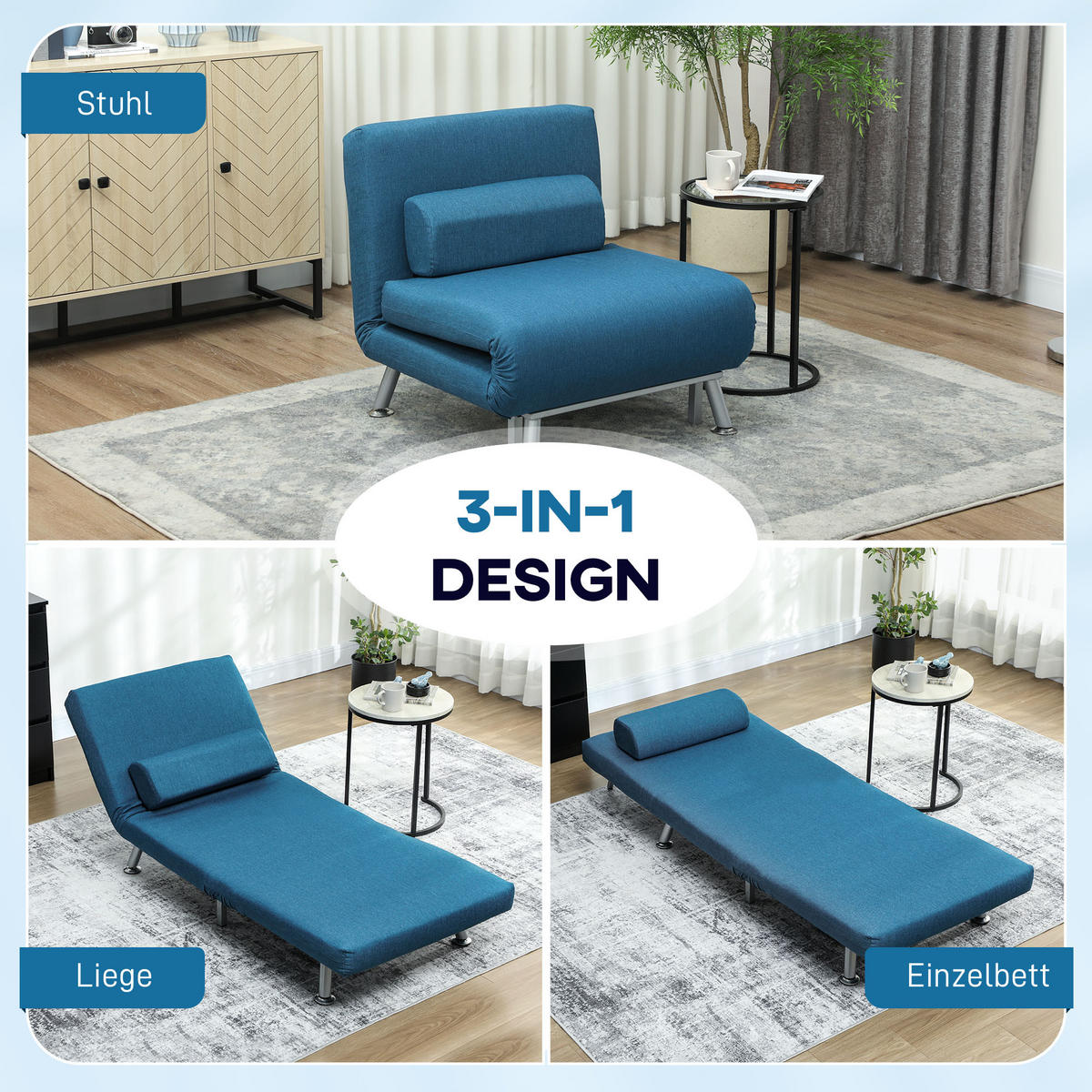 KLAPPBAR Schlafsessel Schlafsofa Klappmatratze Bett Gästebett Blau Sofa - Blau/Silberfarben, Textil/Metall (70/75/75cm) - HOMCOM