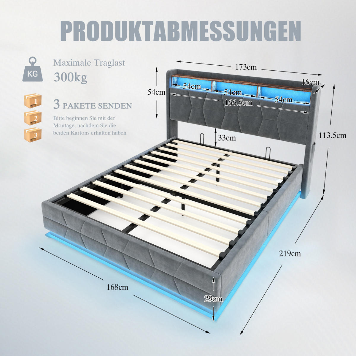 POLSTERBETT aus Velvet 160x200 cm in Dunkelgrau mit LED & USB/Type-C - Dunkelgrau, Textil (160/200cm) - Modfu