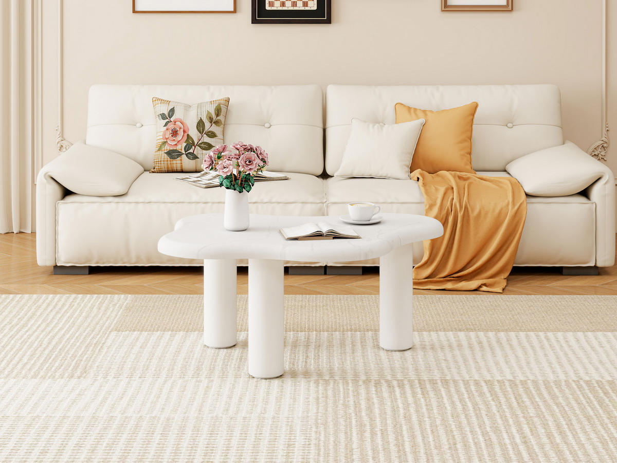 COUCHTISCH aus Spanplatte in Weiß & Marmoroptik mit abgerundeten Kanten - Weiß, Holzwerkstoff (90/62.5/40cm) - Modfu