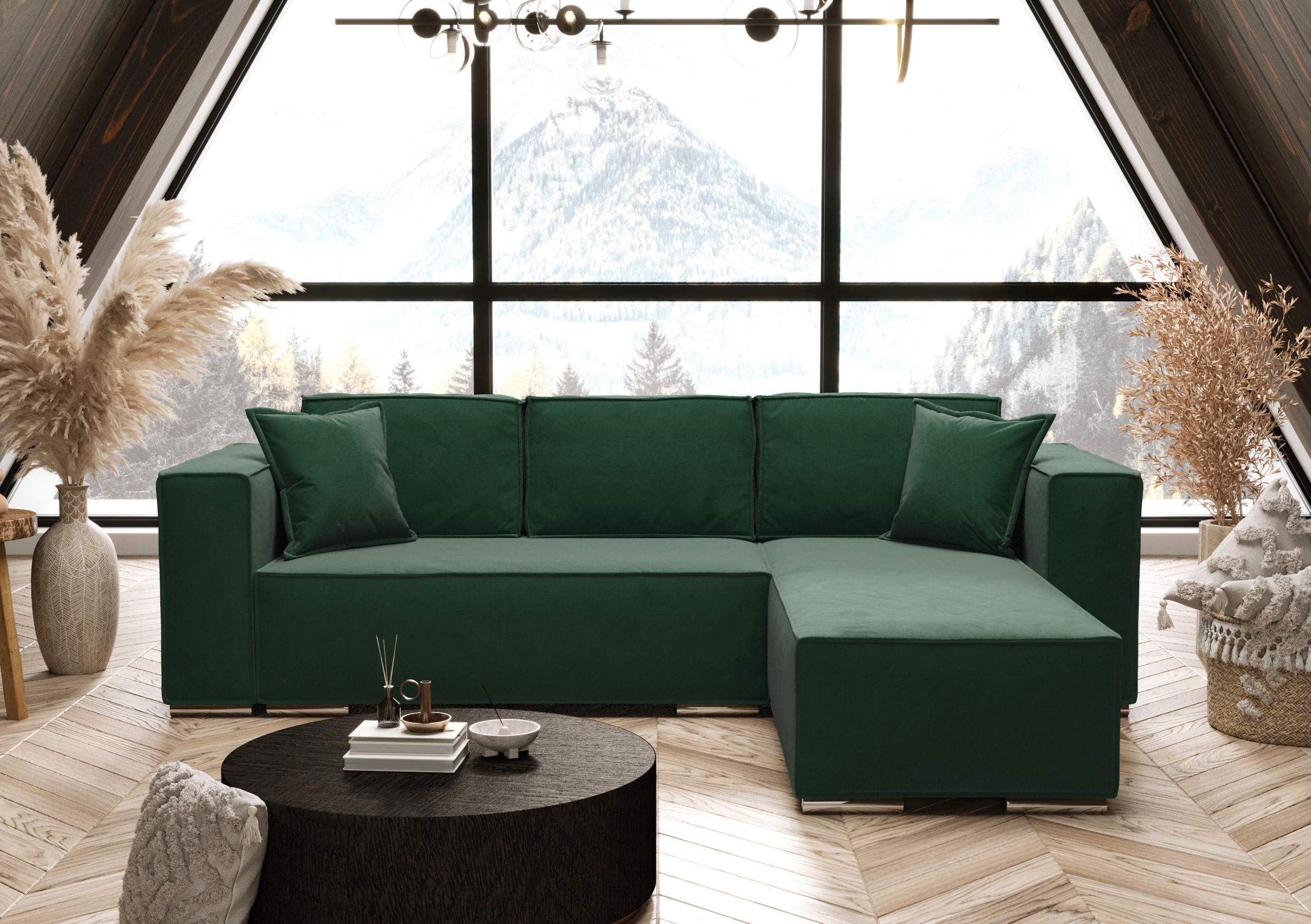 ECKSOFA L Form Vinoria Grün 255/180/82 cm Rechts mit Schlaffunktion - Chromfarben/Grün, Textil/Metall (255/180cm) - AX Living