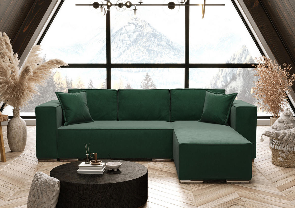 ECKSOFA L Form Vinoria Grün 255/180/82 cm Rechts mit Schlaffunktion - Chromfarben/Grün, Textil/Metall (255/180cm) - AX Living