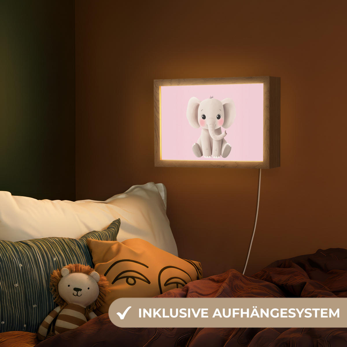 NACHTTISCHLAMPE Elefant - Baby - Rosa - Cartoon 30x20 cm - Rosa, Holzwerkstoff (8/30/20cm)