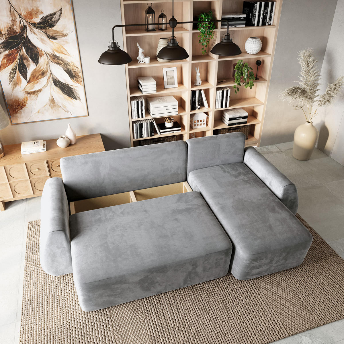 ECKSOFA GALVIS Hellgrau Velours-Stoff mit Schlaffunktion - Hellgrau, Holz (256/156cm) - MASSENO