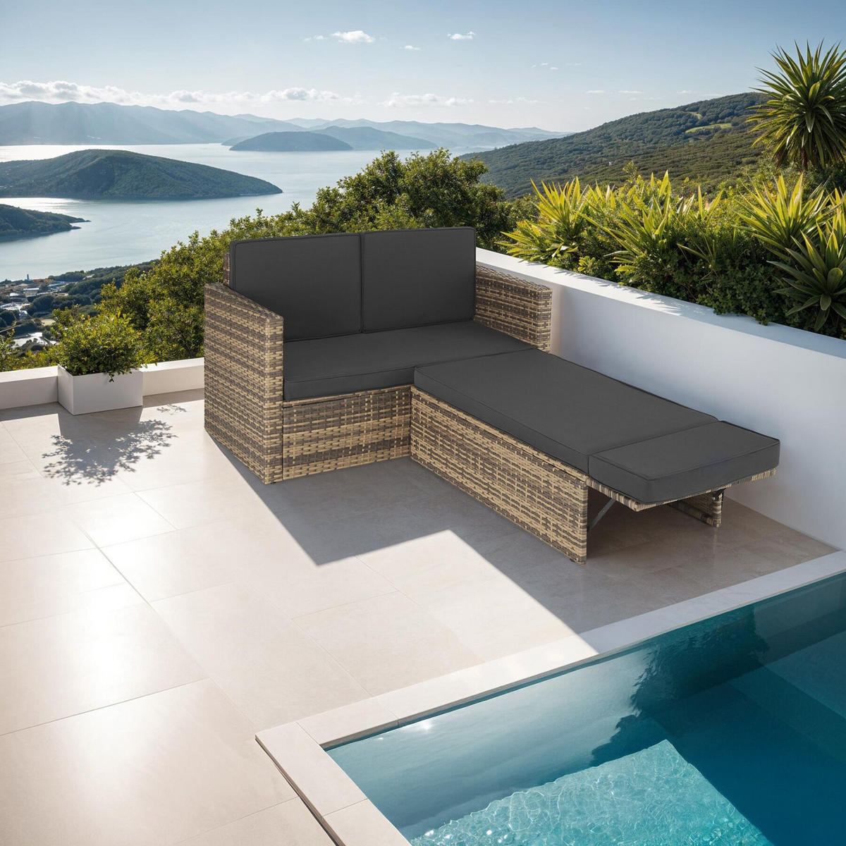 RATTANLOUNGE Korfu, 119 x 64,5 x 71,5 cm, Nature, Polyrattan, Stahl, Outdoor mit Hocker und Kissen, UV-beständig, Wasserabweisend - Naturfarben, Kunststoff - tectake