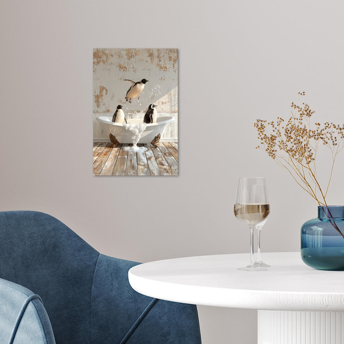 POSTER Vintage - Pinguin - Badewanne - Schaumstoff 20x30 cm - Schwarz, Papier (20/30/0.1cm) - MuchoWow