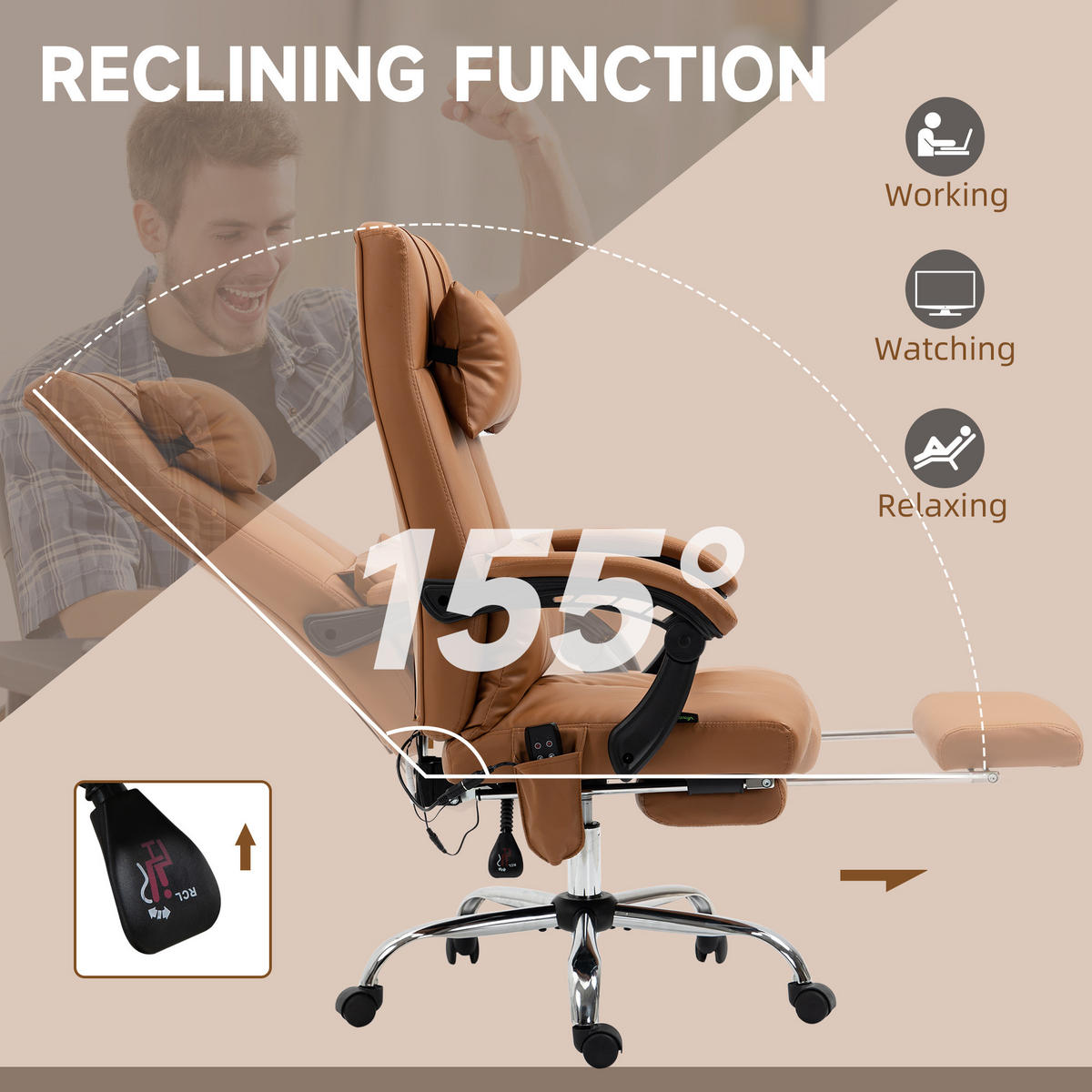BÜROSTUHL mit Massagefunktion, Ergonomisch Schreibtischstuhl mit Liegefunktion - Braun, Leder (67/122/66cm) - Vinsetto