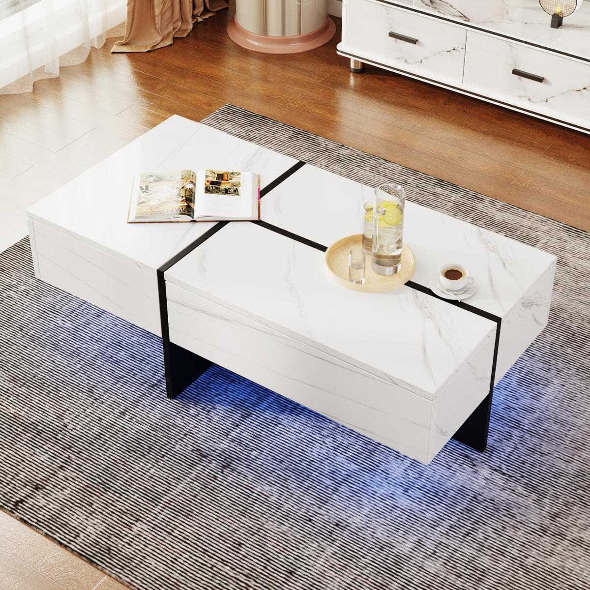 COUCHTISCH Weiß Hochglanz mit LED, Stauraum und Schubladen - Weiß, Metall (100/50/34cm)
