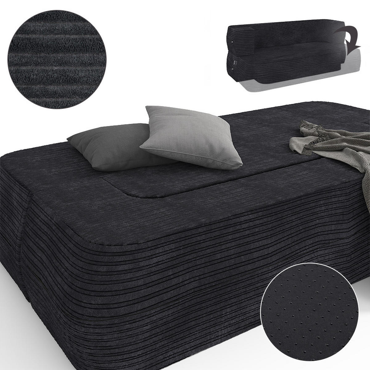 SOFA Lille Schwarz 190 cm mit Schlaffunktion - Schwarz, Textil (190/70/73cm) - VitaliSpa