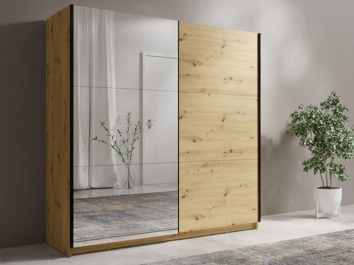 SCHWEBETÜRENSCHRANK ODRIK 200,6/207/55,3cm 2-türig mit Spiegel Eiche Artisan - Eiche Artisan, Holzwerkstoff (200.6/207/55.3cm) - MASSENO