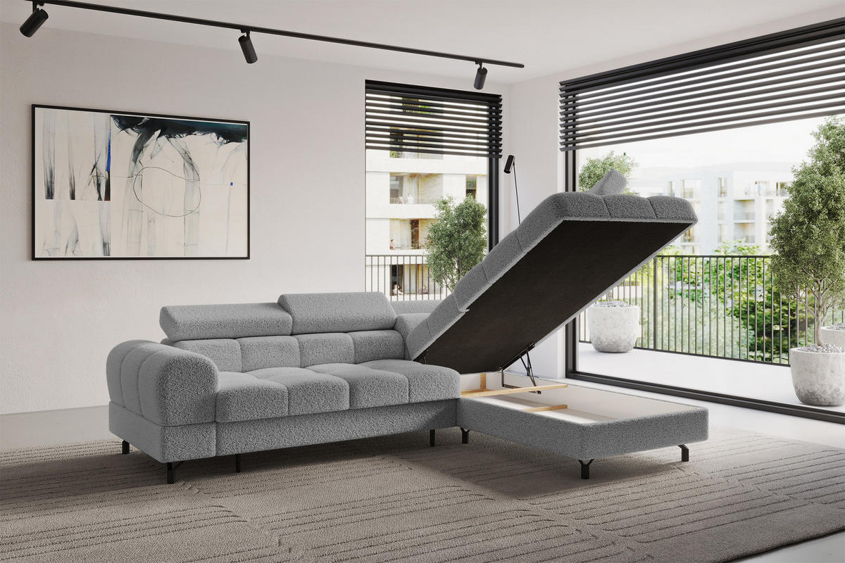 ECKSOFA mit Schlaffunktion Ottomane Rechts LUMA-L 272x203x70 Hellgrau Bouclé - Hellgrau/Schwarz, Holzwerkstoff/Kunststoff (203/272cm) - ALTDECOR