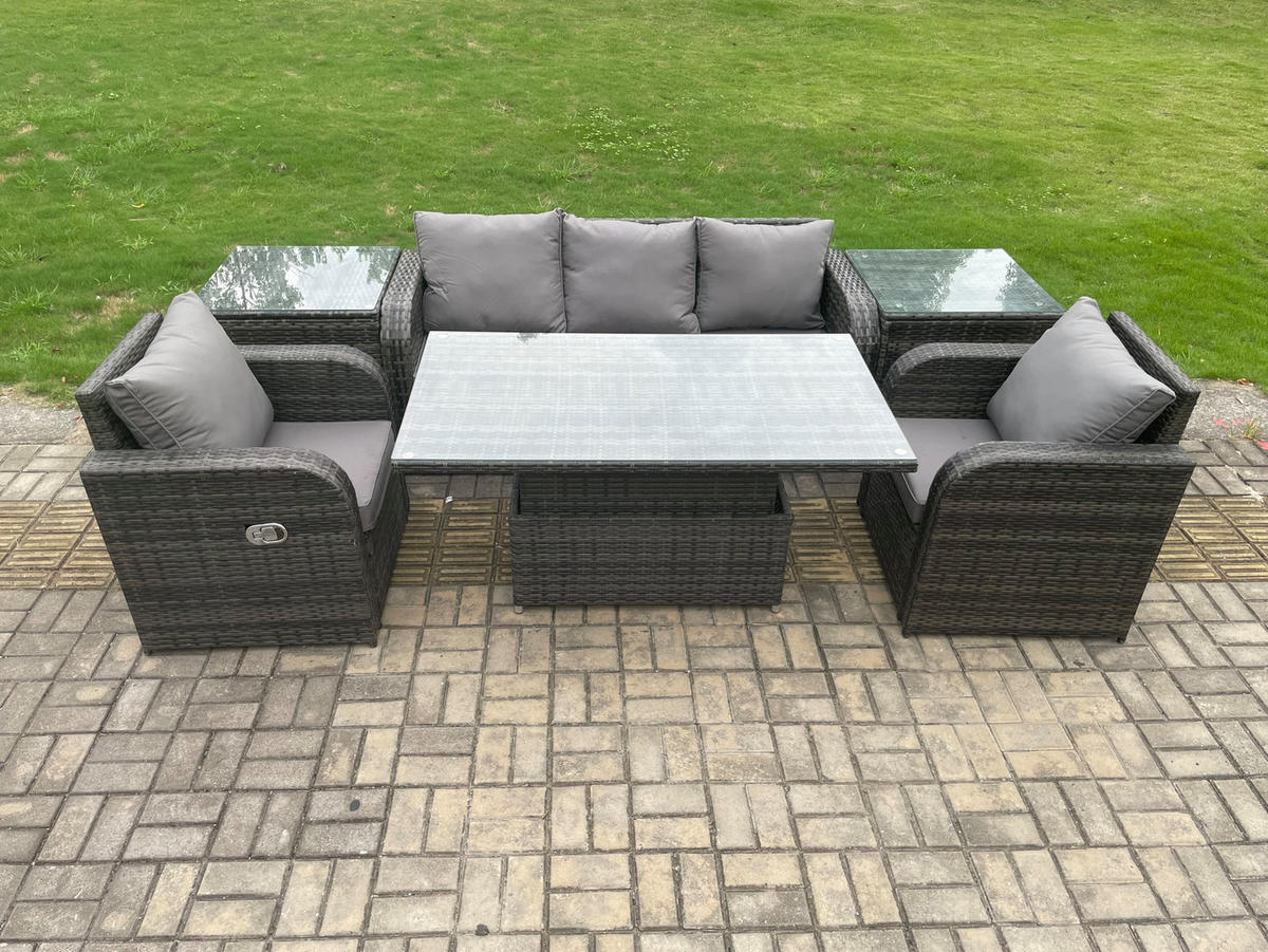 SITZGRUPPE GARTENSET Polyrattan Outdoor 5-Sitzer - Dunkelgrau/Grau, Glas/Kunststoff - Fimous