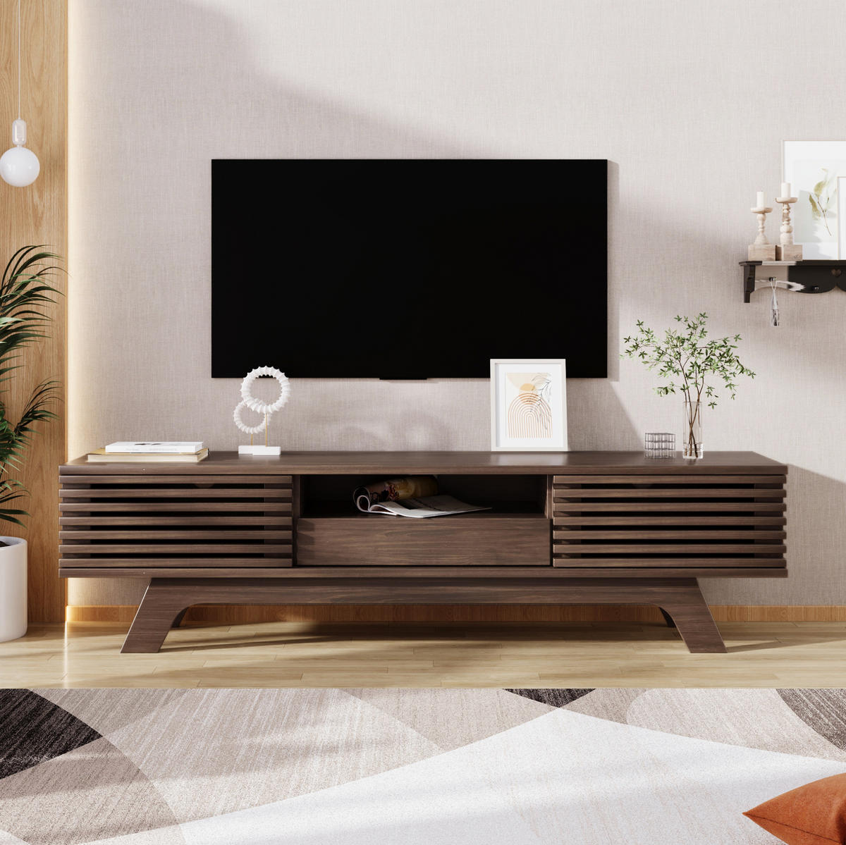TV ormarić 150/35/44 cm prirodne boje od iverice s 2 vrata ladicom i otvorenim pretincima - svijetlo smeđa, drvni materijal (150/44/35cm) - OKWISH