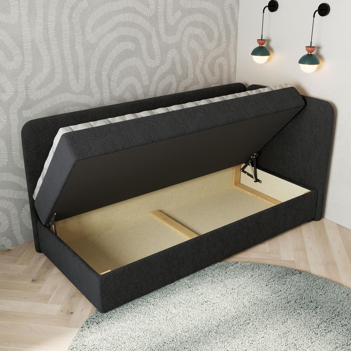 BOXBETT GINA 80x200 cm mit Matratze und Topper, H2+H3 - Schwarz - Schwarz, Holz (80/200cm) - MASSENO