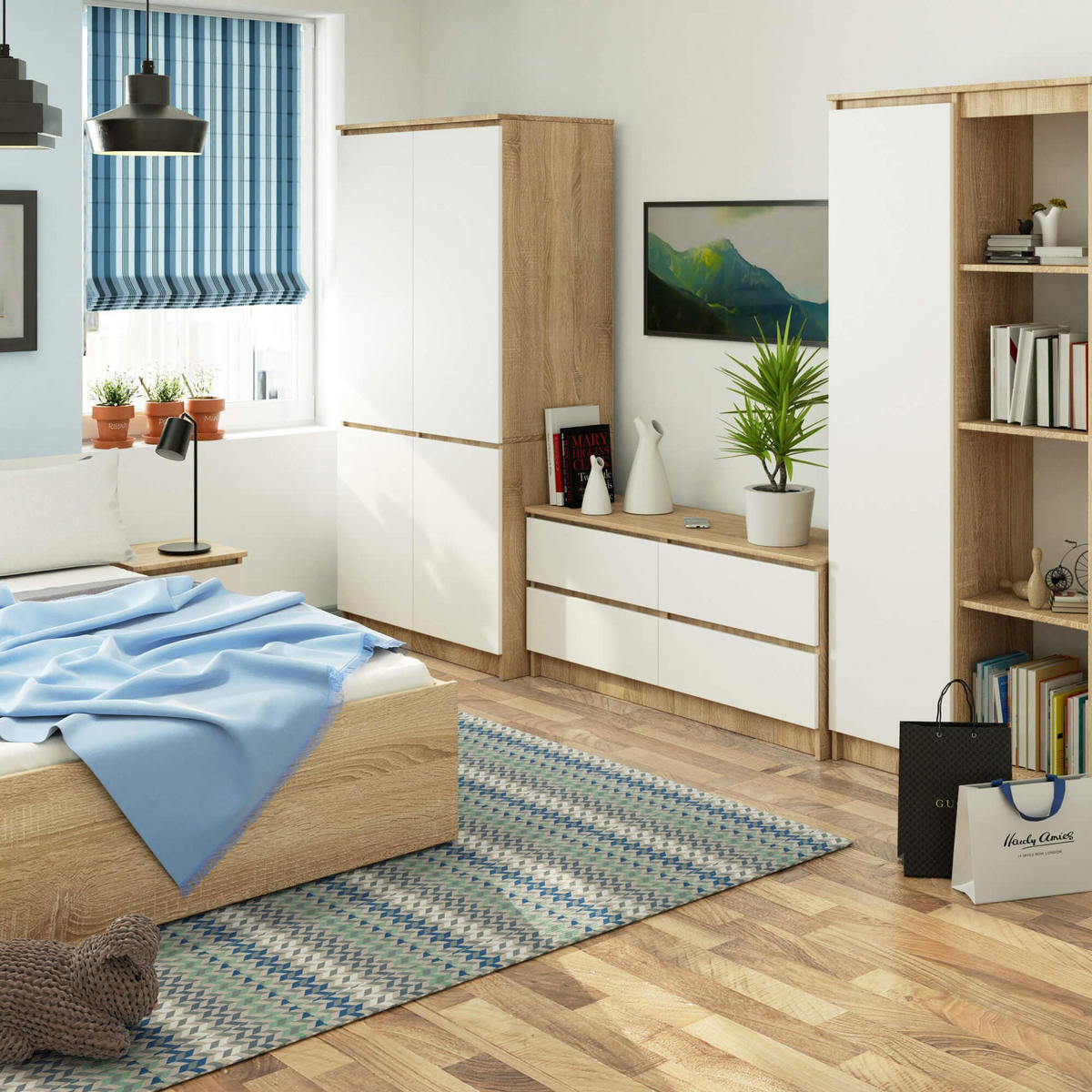 KLEIDERSCHRANK S90 4D, Sonoma-Weiß, 90x51x180 cm - Weiß/Sonoma Eiche, Holz (51/180/90cm) - Milordbikes