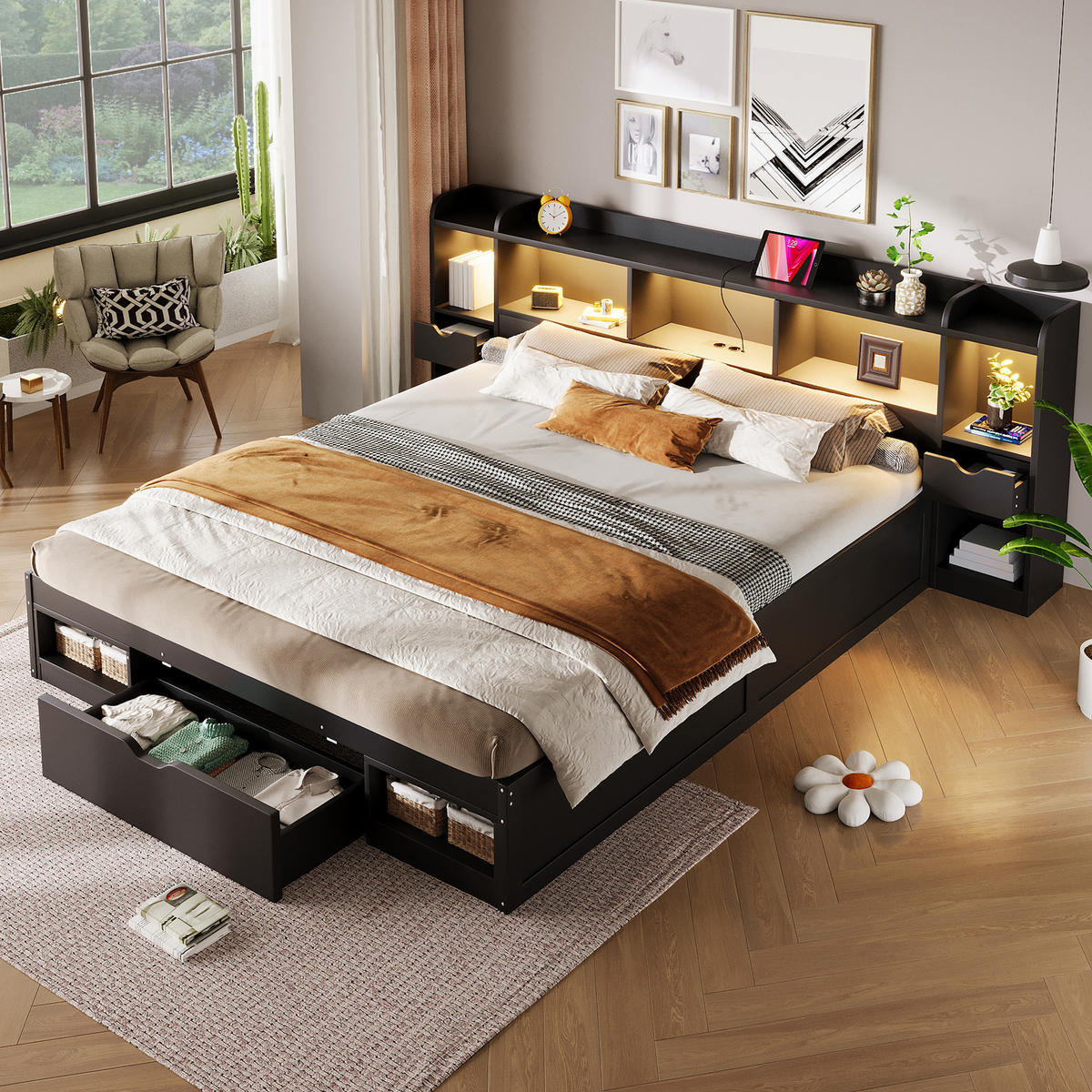 STAURAUMBETT 180 x 200 cm, Kopf- und Fußteil mit Stauraum, Schwarz - Schwarz, Holz (180/200cm) - KOMHTOM