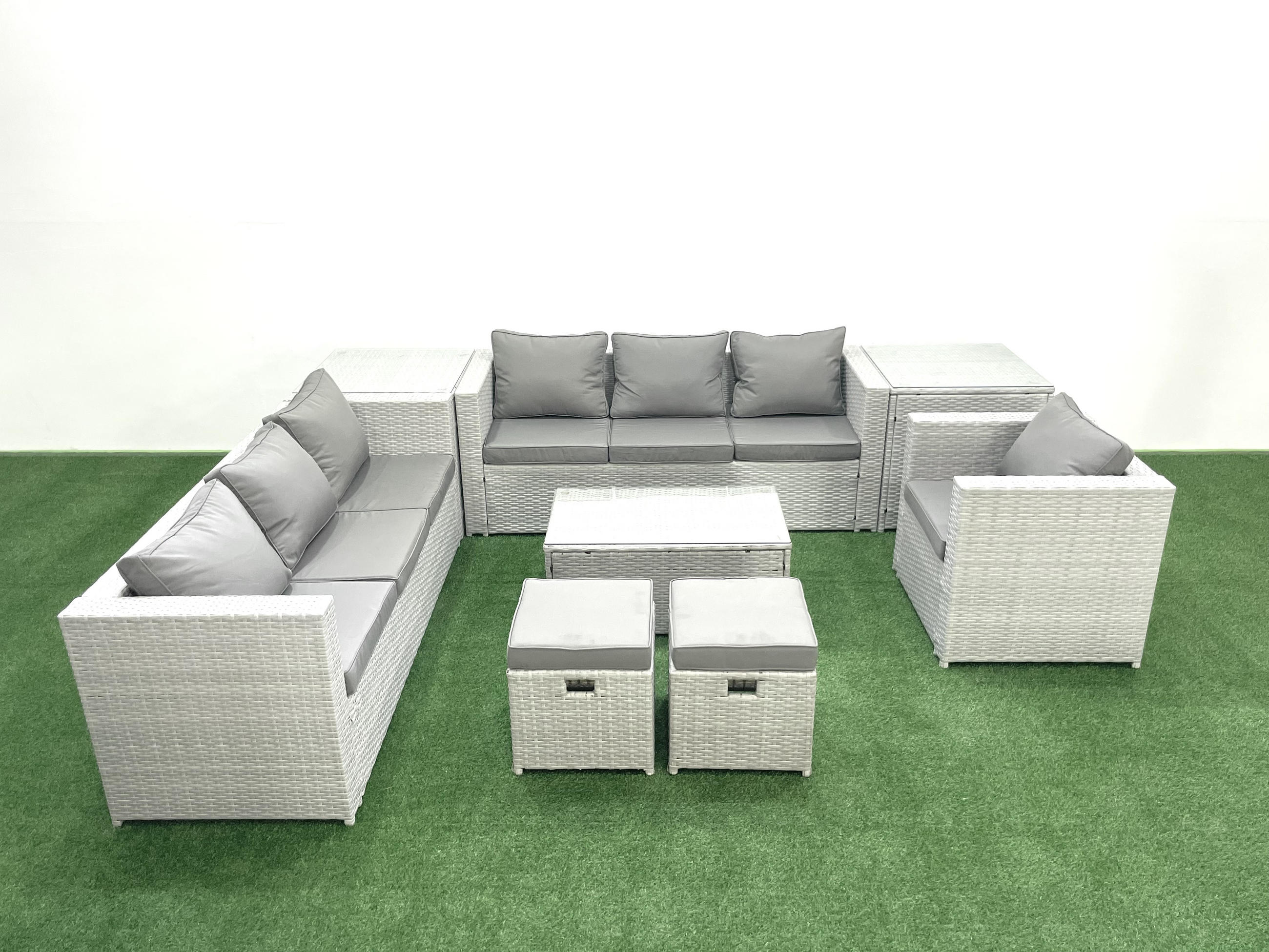 GARTENGARNITUR mit 3-SITZER SOFA,COUCHTISCH Polyrattan Hellgrau-Mix 9-Sitzer - Hellgrau/Grau, Glas/Kunststoff - Fimous