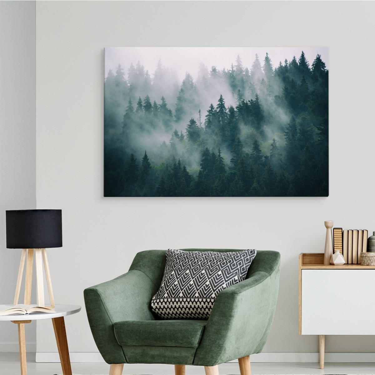 LEINWANDBILD Wald im Nebel Natur Landschaft 3D 100x70 - Schwarz/Weiß, Textil (100/70cm) - Muralo