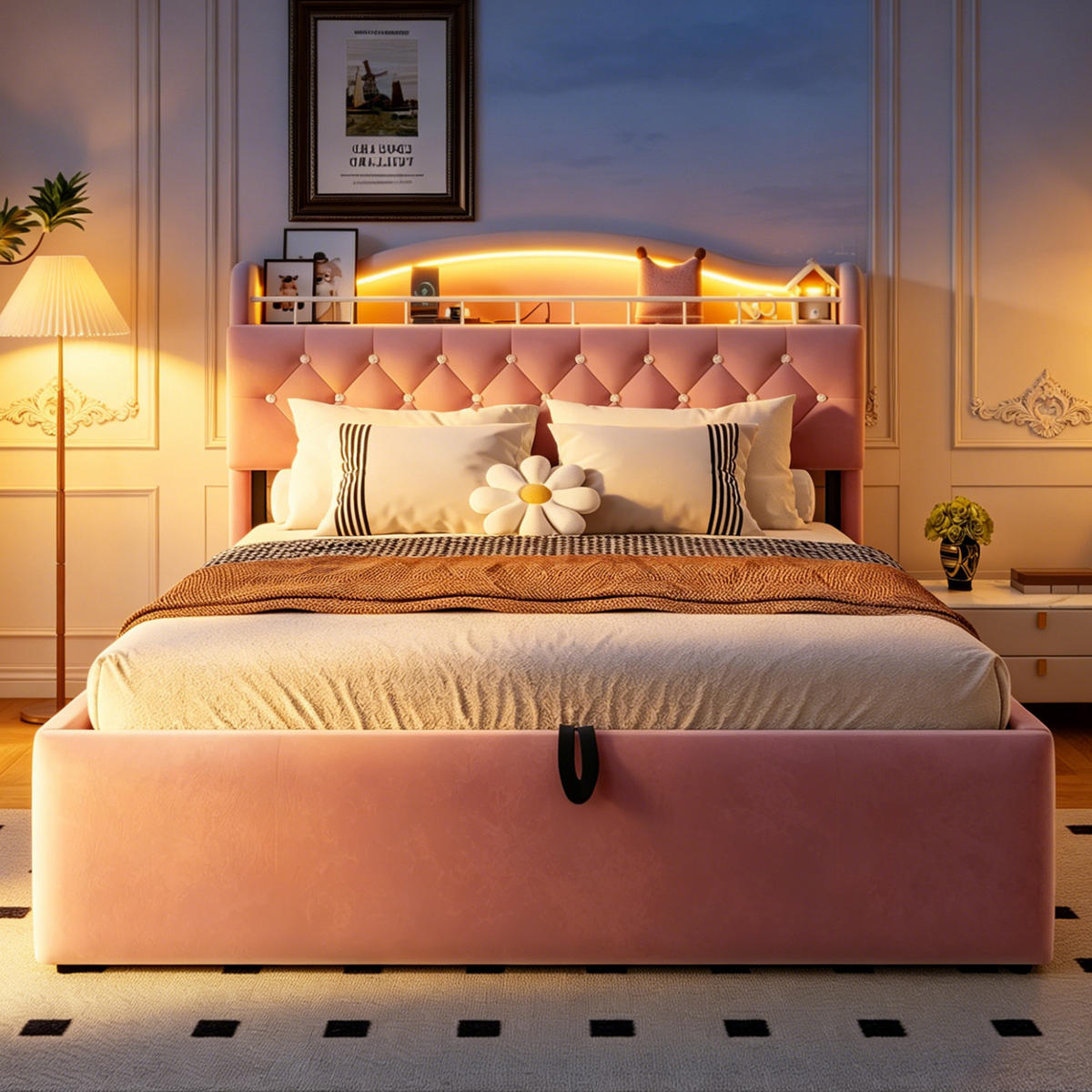 POLSTERBETT 140/200 cm in Rosa mit Bettkasten, LED und USB-C Samt mit Strass-Kopfteil - Rosa, Holzwerkstoff/Textil (140/200cm) - STILVORA