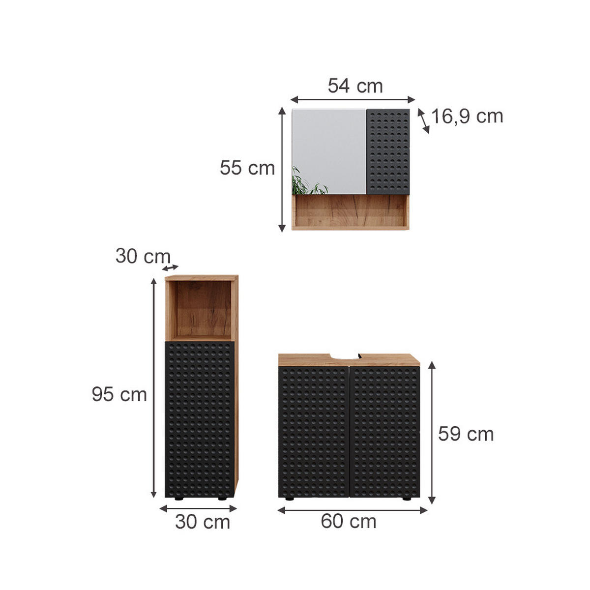 BADMÖBEL-SET Irma Anthrazit gepunktet 3 Teile - Honigeiche/Anthrazit, Holzwerkstoff (80/58.6/41cm) - Vicco