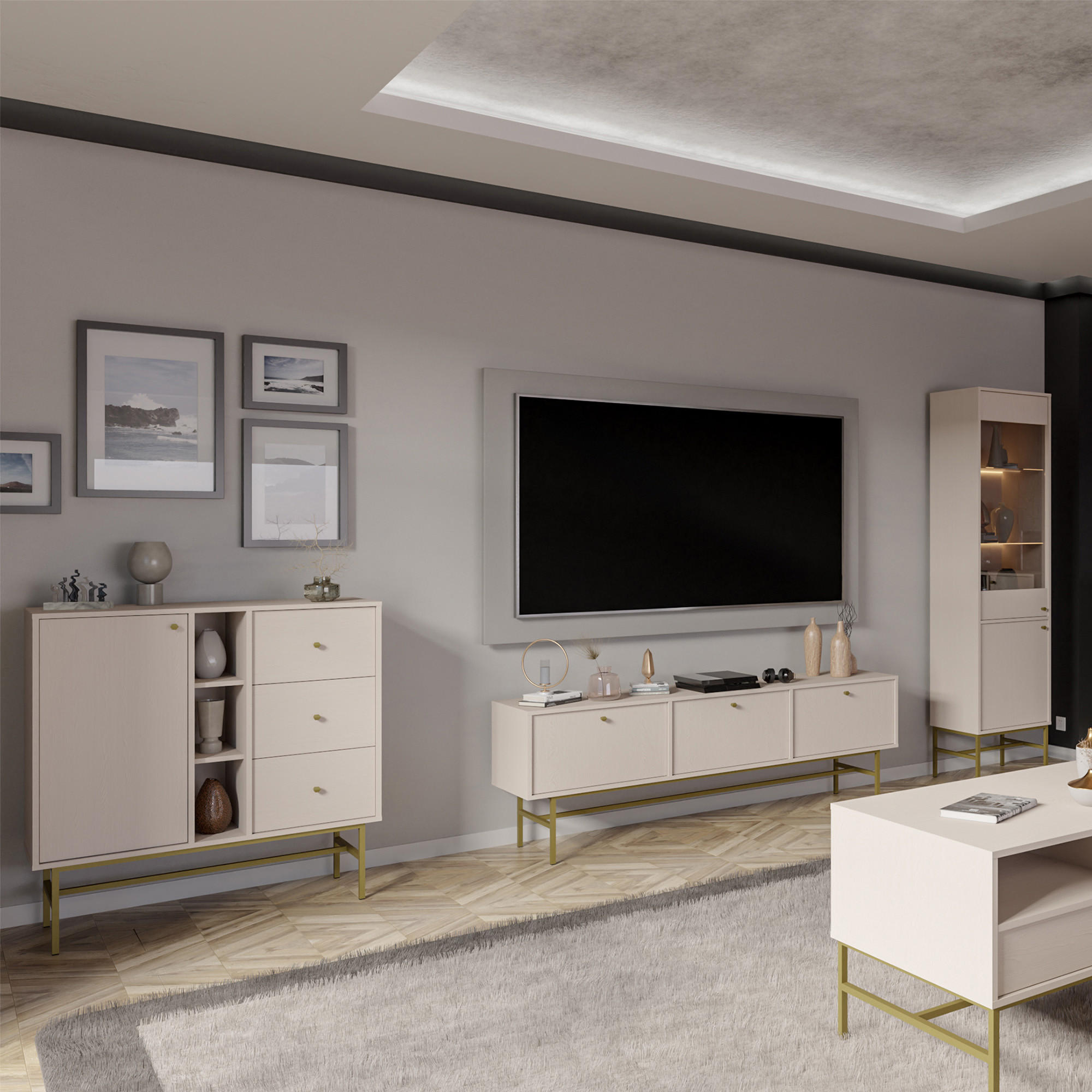 KOMMODE FLOREN, Creme/Gold - Creme, Holzwerkstoff/Metall (100.2/107.5/40.8cm) - KONSIMO®