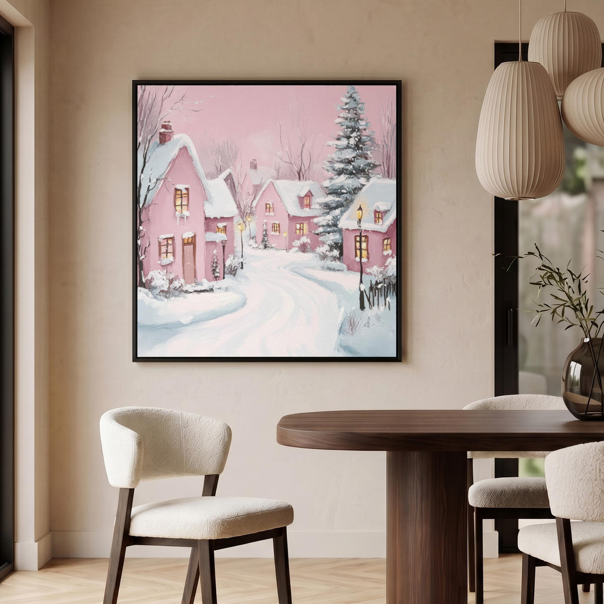 LEINWAND Bilder mit Rahmen - Weihnachtsdorf - Rosa - Winter - Schnee - Häuser - 90x90 - Altrosa, Textil (90/90cm) - MuchoWow