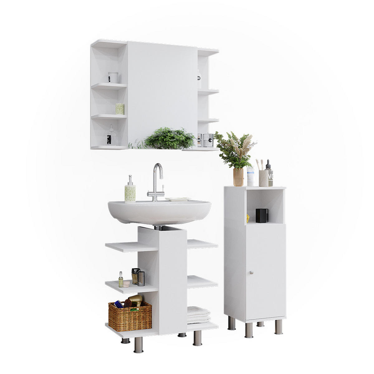 BADMÖBEL-SET Fynn Weiß 3 Teile, mit Midischrank - Weiß, Holzwerkstoff (79.6/95/36.6cm) - Vicco