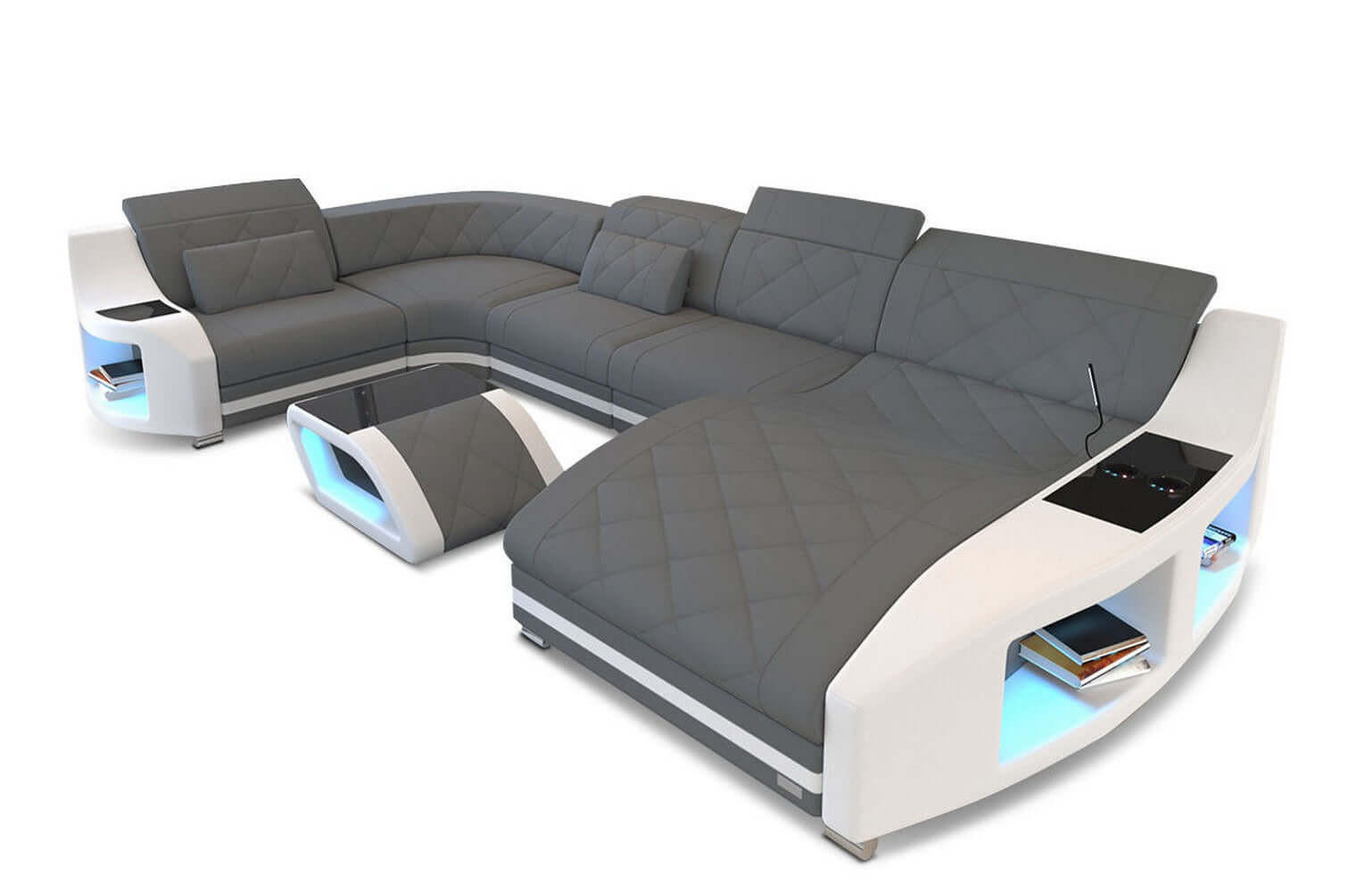 WOHNLANDSCHAFT Stoff Sofa Swing U Form Grau Weiß Mikrofaserstoff - Grau, Kunststoff (404/90/220cm)