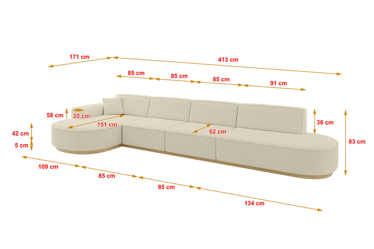 ECKSOFA Ottomane Links MARI-L3-v2 - 413x171x83 cm Beige Bouclé - Beige, Holzwerkstoff/Textil (413/171cm) - ALTDECOR