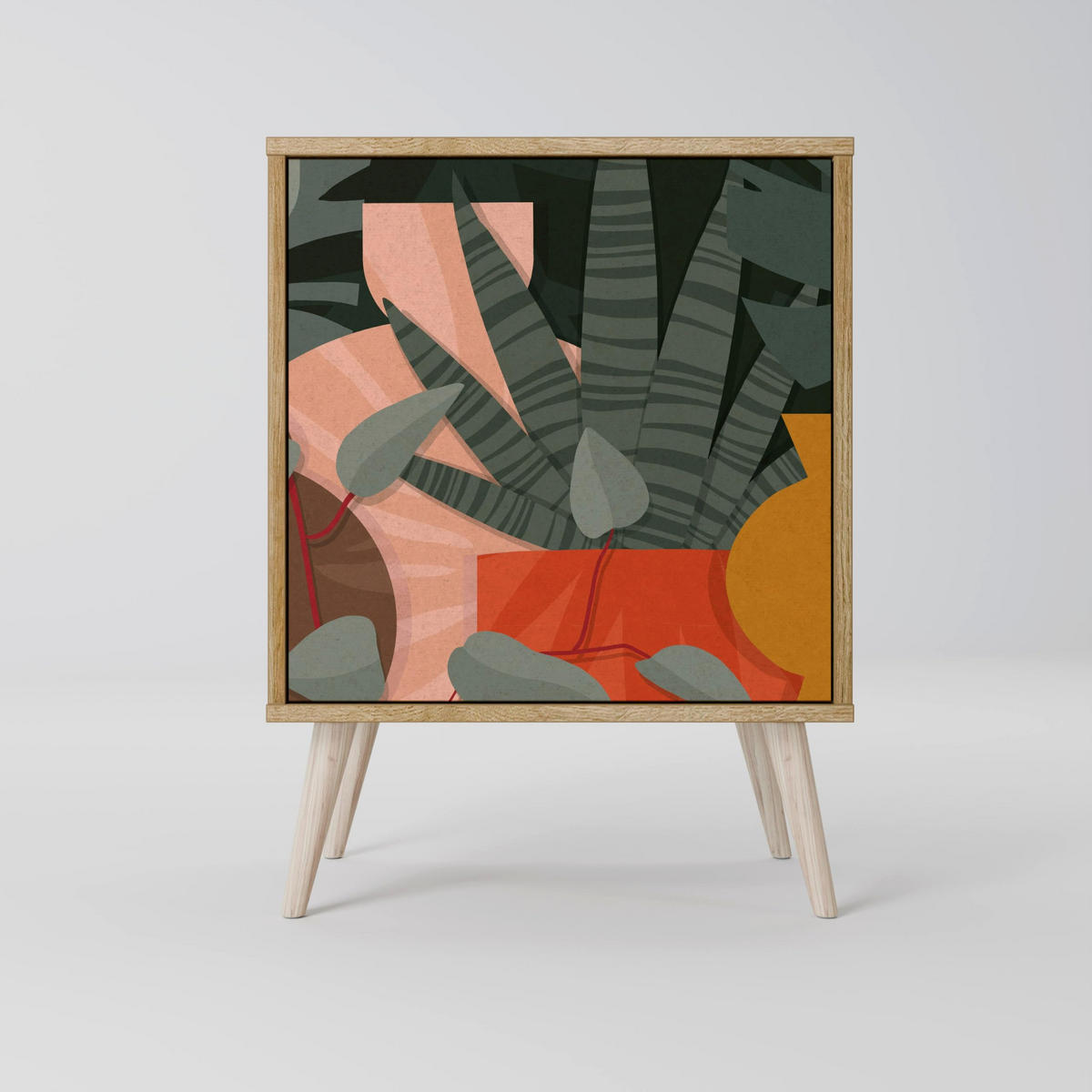 SIDEBOARD TROPICAL COMPOSITION, Grau, 57,5x42x67,5 cm, Schwarze Metall-Rahmenfüße - Multicolor/Schwarz, Holzwerkstoff/Metall (57.5/67.5/42cm) - SpaceRebels