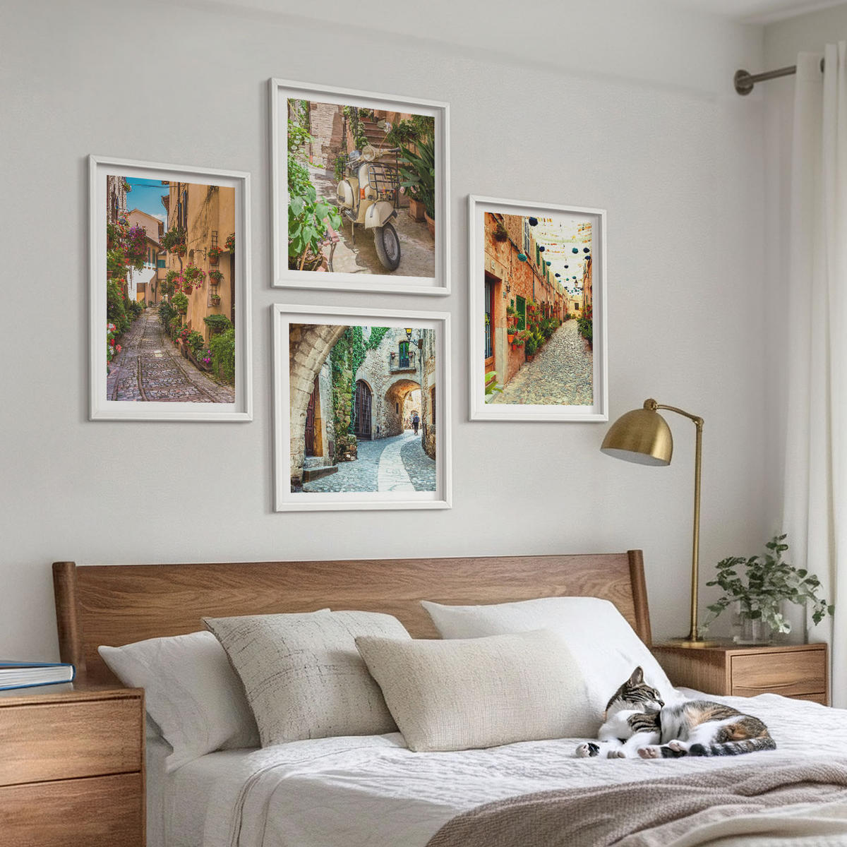 BILDER SET 4er Set - 50x50 cm & 40x60 cm Weißer Rahmen - Charmante italienische Straßen und Blumen - Weiß, Kunststoff (50/50cm) - TULUP