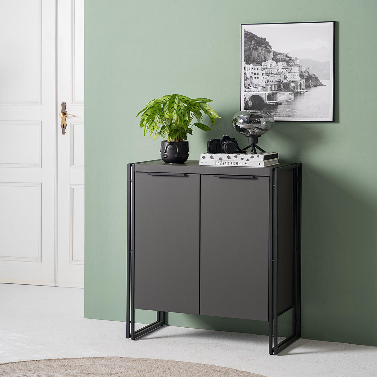 KOMMODE mit 2 Türen - Schwarz/Graphitfarben, Holzwerkstoff/Metall (80/90/39cm) - home24