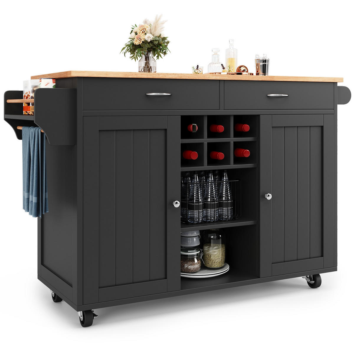 KÜCHENINSEL, Servierwagen mit Holzmaserung, MIT WEINREGAL UND ROLLEN, für Esszimmer, 102/45/92 cm - Schwarz, Holzwerkstoff (45/92/102cm) - Rolipo