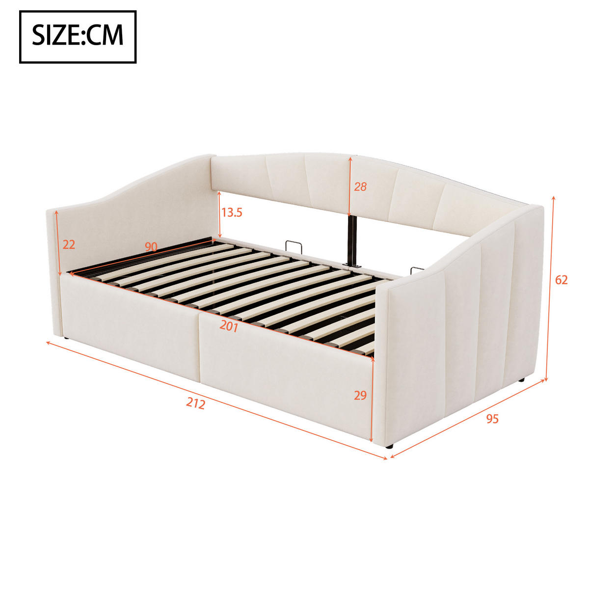 POLSTERBETT Sofabett 90/200 cm Beige mit hydraulischer Lagerung und Lattenrost aus Samt - Beige, Textil (90/200cm) - OKWISH