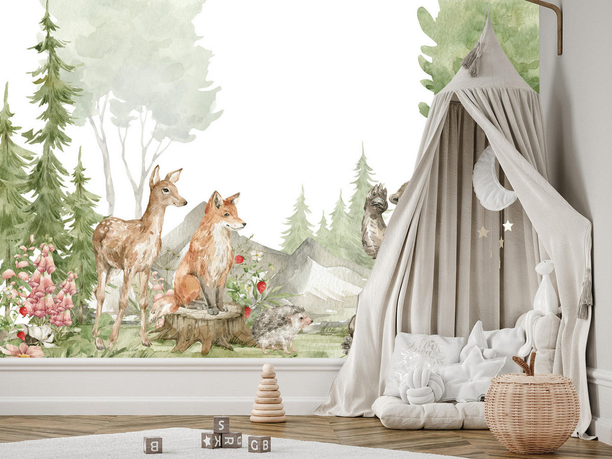 FOTOTAPETE für Kinderzimmer Aquarell Waldtiere Fuchs Reh Tragen 450x315 - Multicolor, Papier (450/315cm) - Muralo